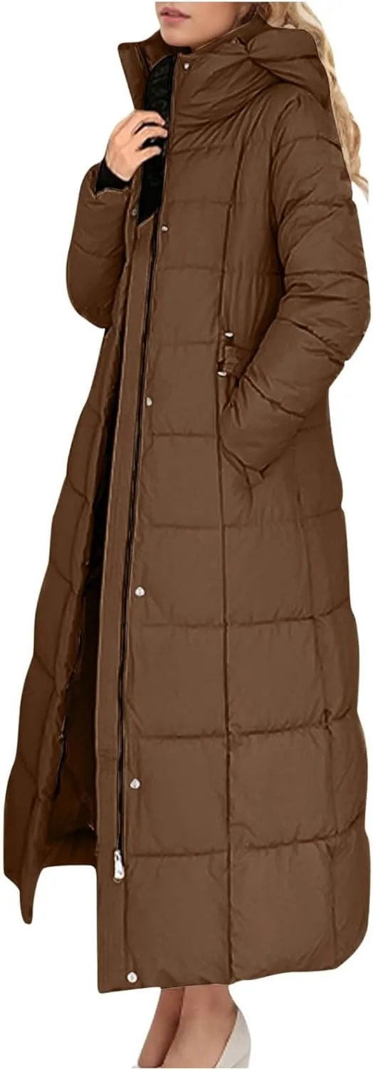 Women Quilted Long Puffer Jacket Winter Heavyweight Warm Down Coats Casual Long Sleeve Hooded Padded Outwear