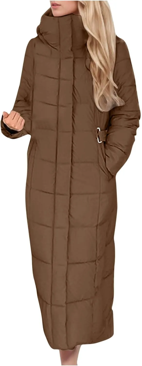 Women Quilted Long Puffer Jacket Winter Heavyweight Warm Down Coats Casual Long Sleeve Hooded Padded Outwear