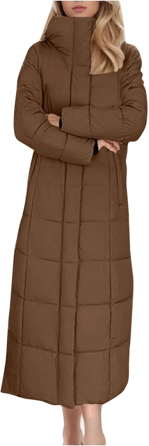 Women Quilted Long Puffer Jacket Winter Heavyweight Warm Down Coats Casual Long Sleeve Hooded Padded Outwear