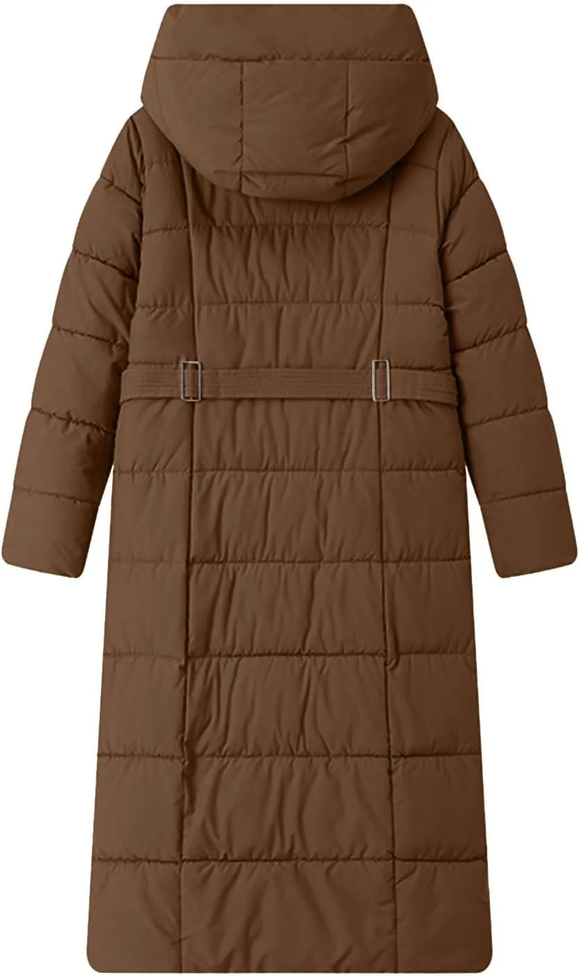 Women Quilted Long Puffer Jacket Winter Heavyweight Warm Down Coats Casual Long Sleeve Hooded Padded Outwear