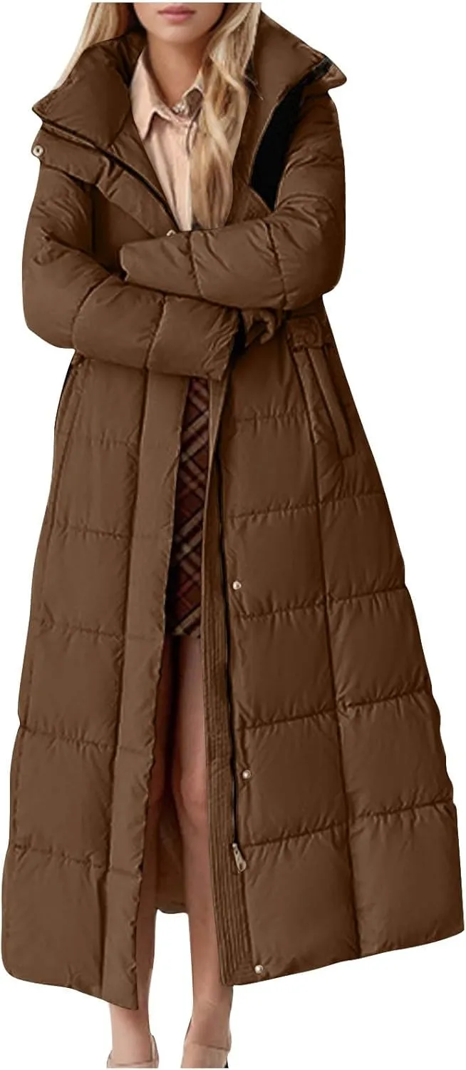 Women Quilted Long Puffer Jacket Winter Heavyweight Warm Down Coats Casual Long Sleeve Hooded Padded Outwear