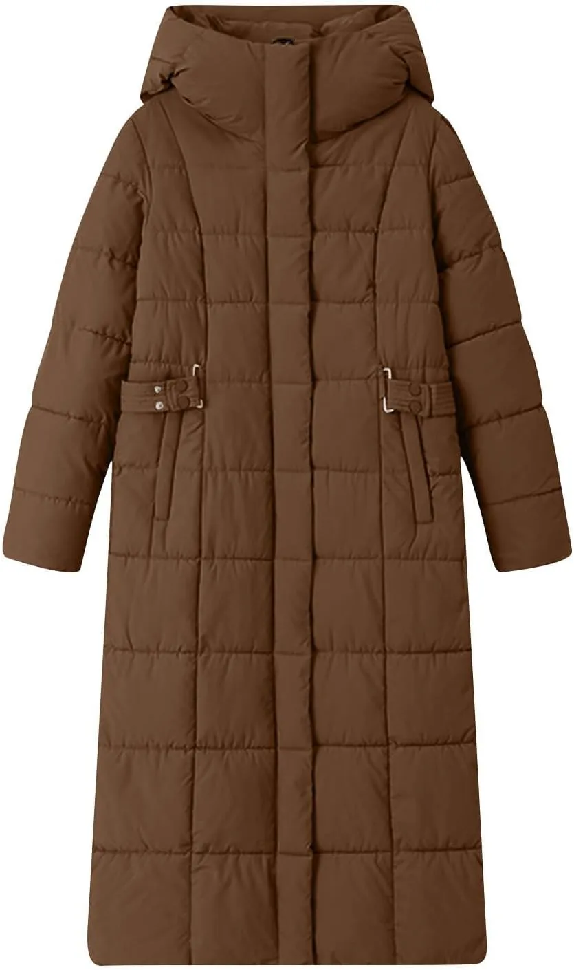 Women Quilted Long Puffer Jacket Winter Heavyweight Warm Down Coats Casual Long Sleeve Hooded Padded Outwear