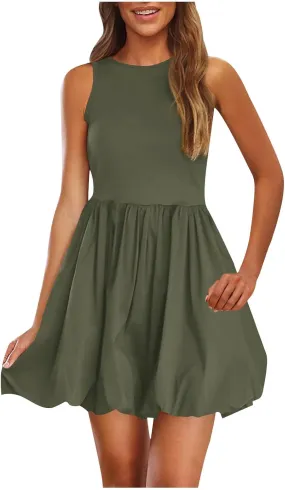 Women Summer Casual Sleeveless Crewneck Sundress Aline Flowy Tiered Maxi Beach Dresses Solid Tanks Vacation Outfits