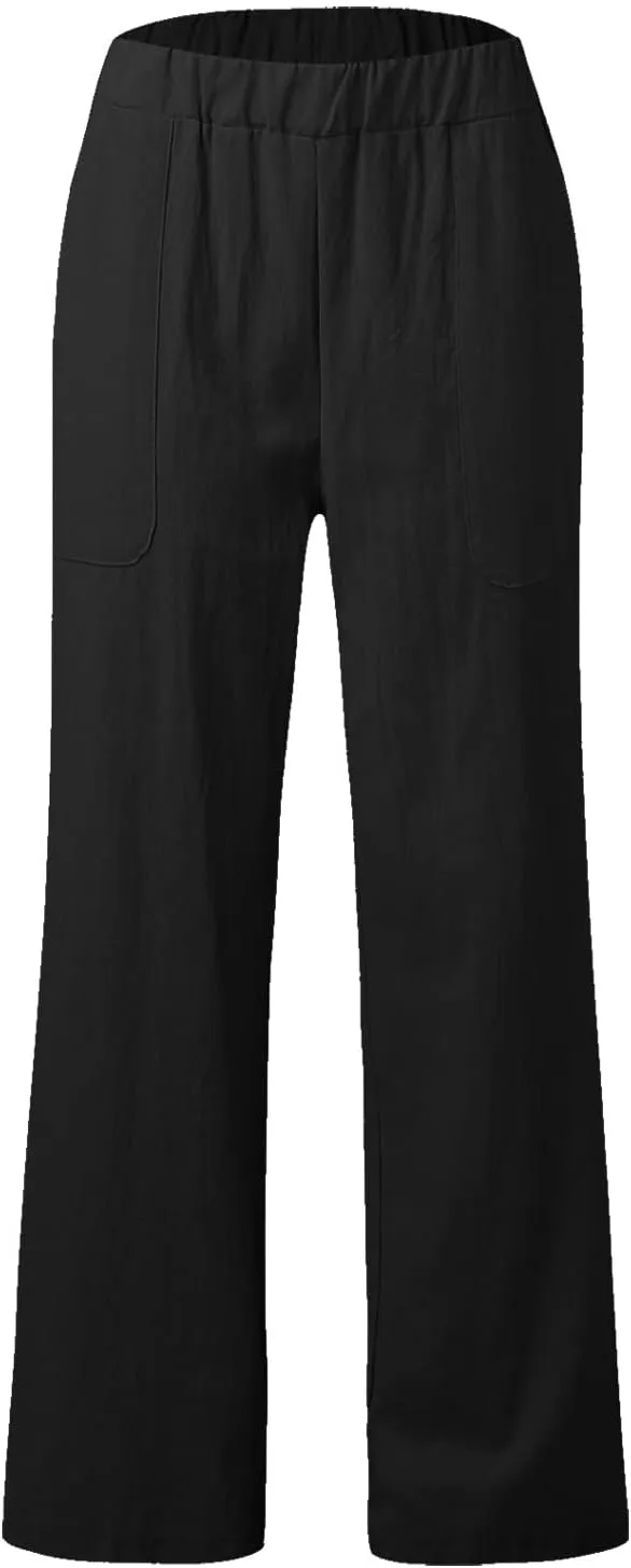 Womens Casual Solid High Waisted Loose Wide Leg Cozy Lightweight Casual Pants Comfy Straight Leg Trousers Pants With Pockets