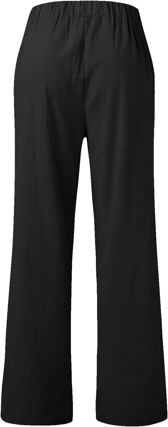 Womens Casual Solid High Waisted Loose Wide Leg Cozy Lightweight Casual Pants Comfy Straight Leg Trousers Pants With Pockets