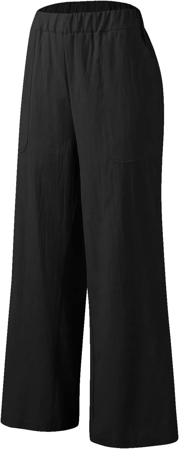 Womens Casual Solid High Waisted Loose Wide Leg Cozy Lightweight Casual Pants Comfy Straight Leg Trousers Pants With Pockets