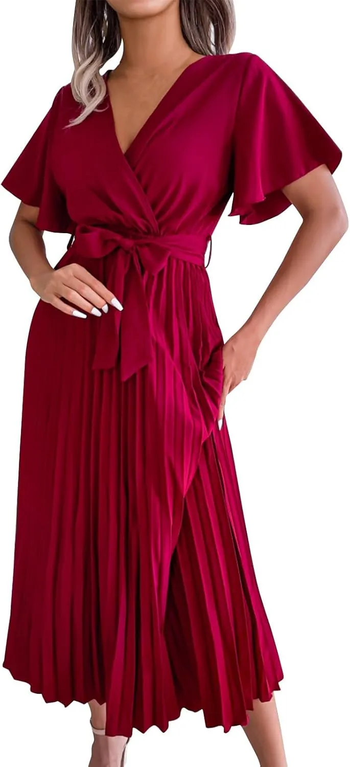 Womens Casual Spring Summer Dresses Short Sleeve V-Neck Wrap Waist Maxi Dress Elegant Pleated Flowy Midi Dress 2025