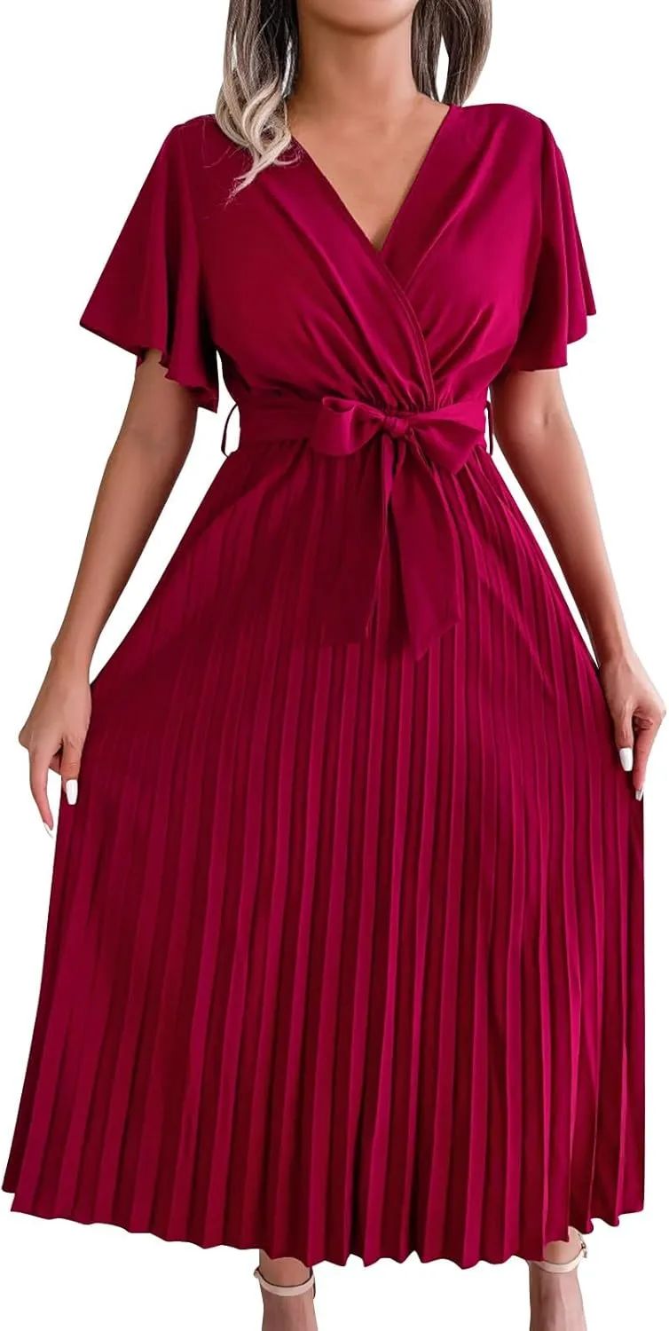 Womens Casual Spring Summer Dresses Short Sleeve V-Neck Wrap Waist Maxi Dress Elegant Pleated Flowy Midi Dress 2025