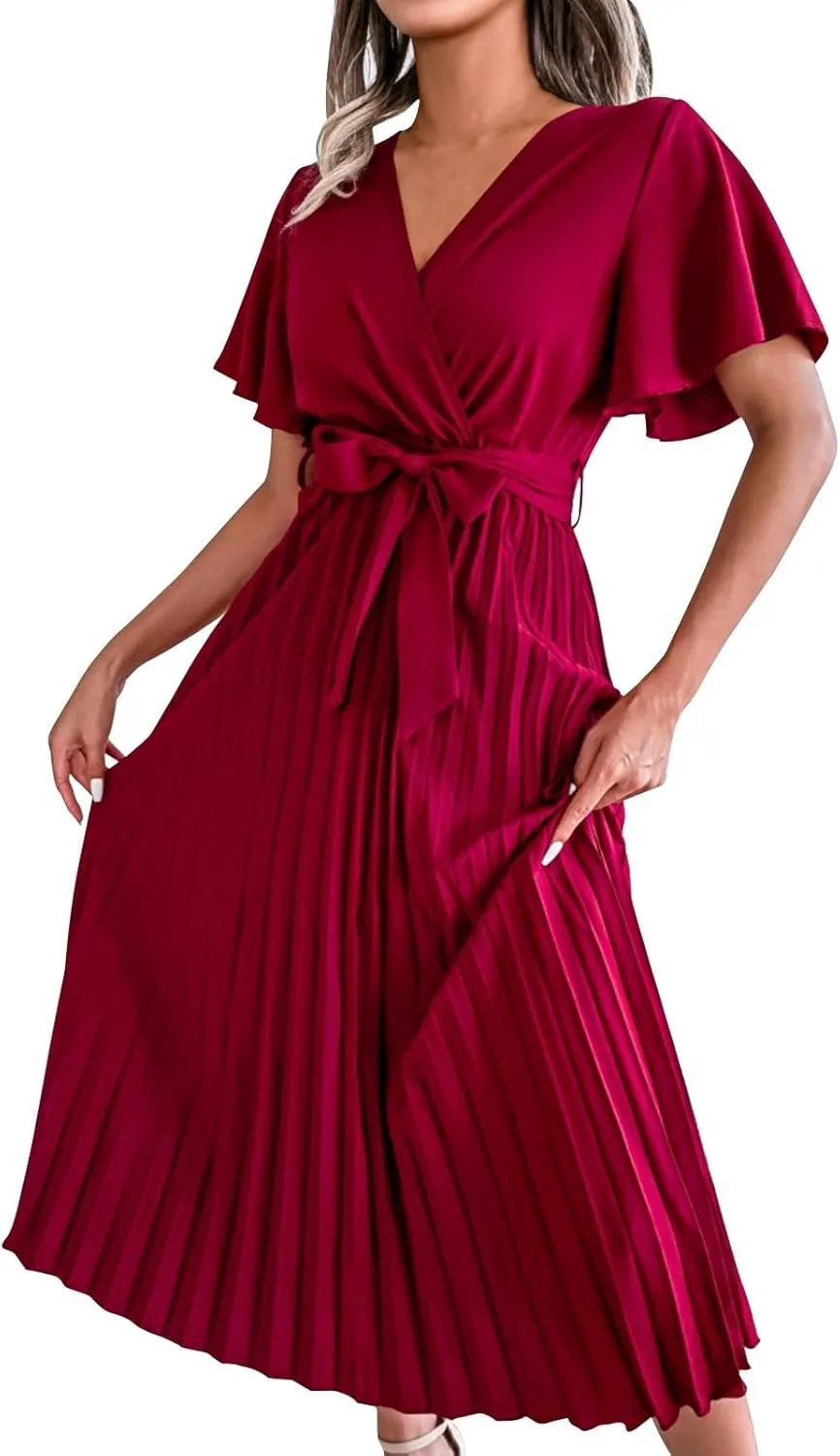 Womens Casual Spring Summer Dresses Short Sleeve V-Neck Wrap Waist Maxi Dress Elegant Pleated Flowy Midi Dress 2025