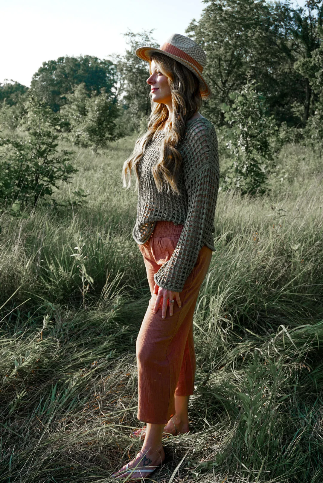 Women's Chestnut Double Gauze Cropped Pants | Smocking Waist