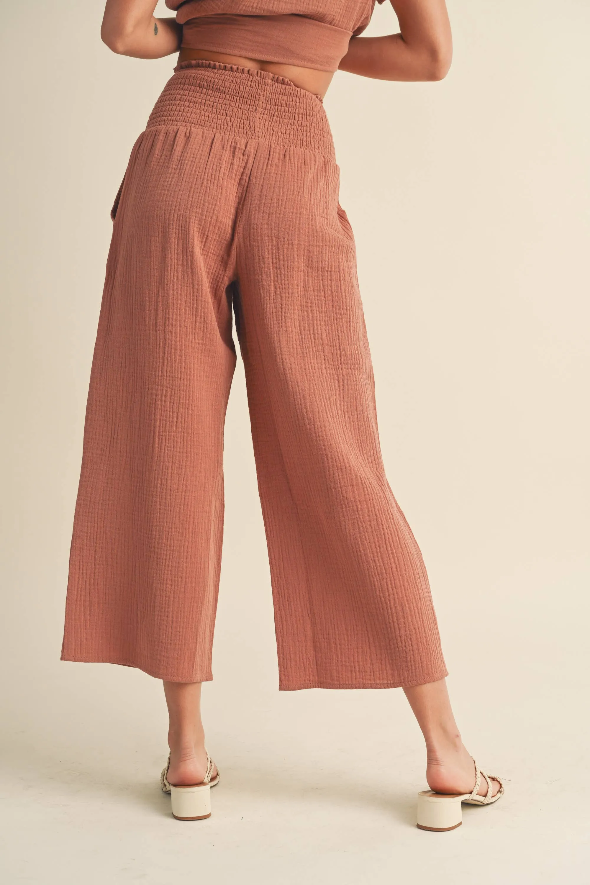 Women's Chestnut Double Gauze Cropped Pants | Smocking Waist