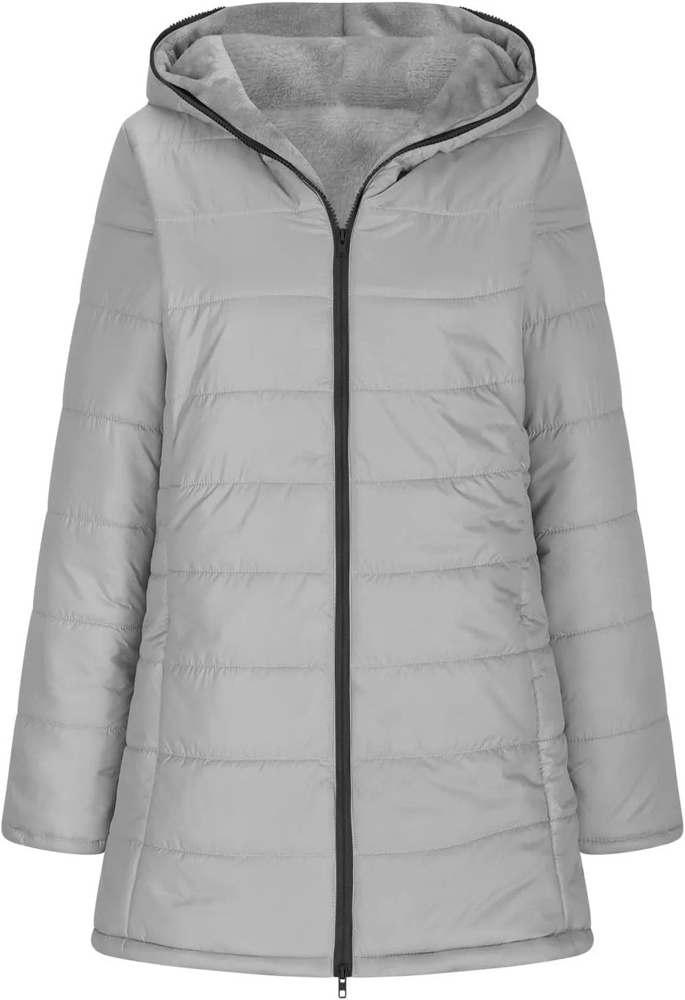 Womens Down Jacket With Hood Fashion Mid Length Zipper Long Sleeve Quilted Coat Winter Warm Solid Color Puffer Jacket