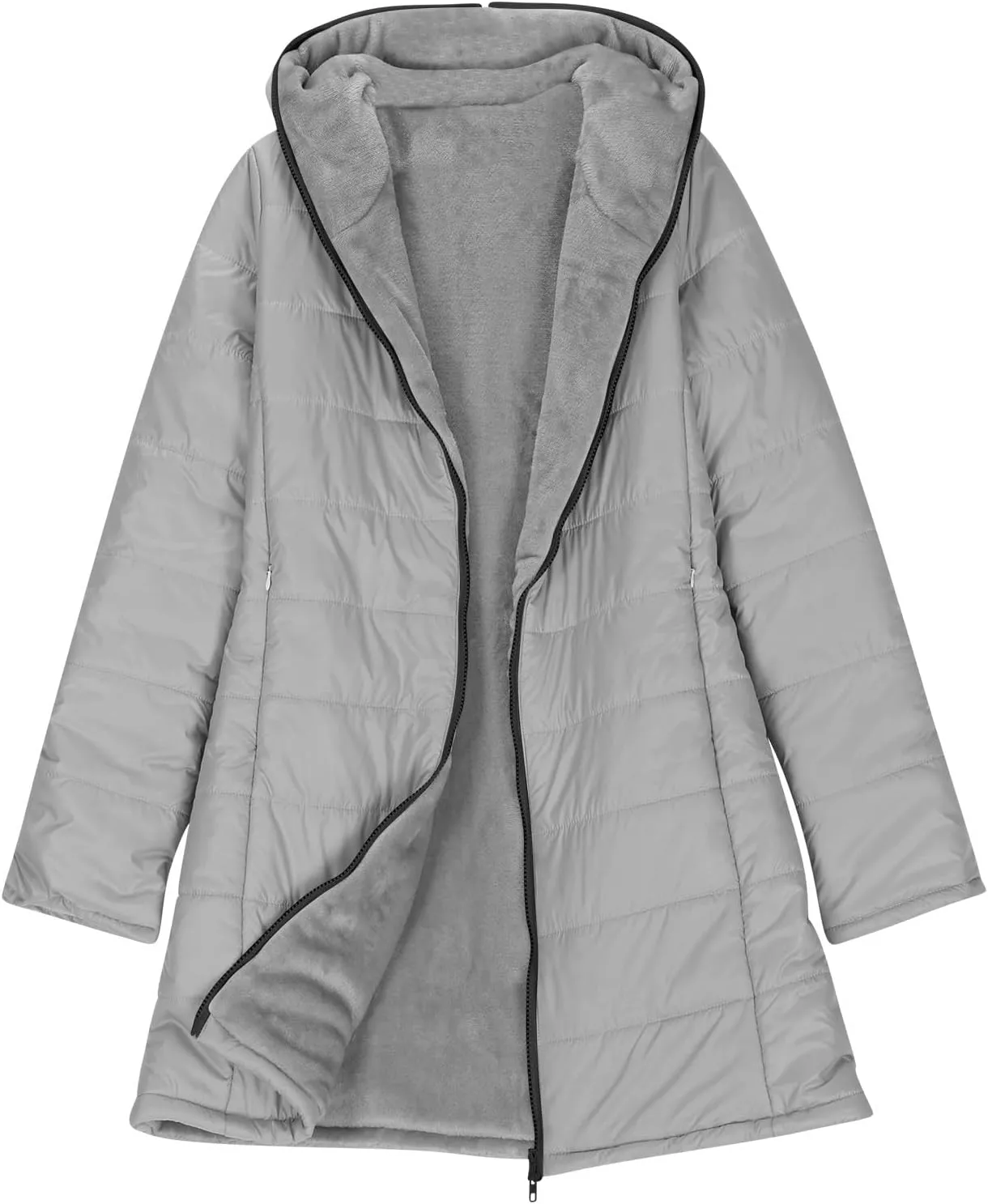 Womens Down Jacket With Hood Fashion Mid Length Zipper Long Sleeve Quilted Coat Winter Warm Solid Color Puffer Jacket
