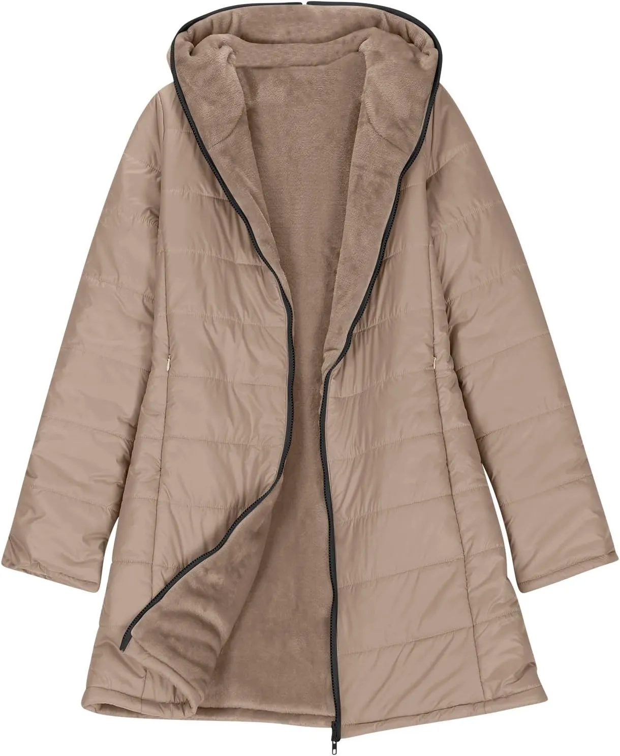Womens Down Jacket With Hood Fashion Mid Length Zipper Long Sleeve Quilted Coat Winter Warm Solid Color Puffer Jacket