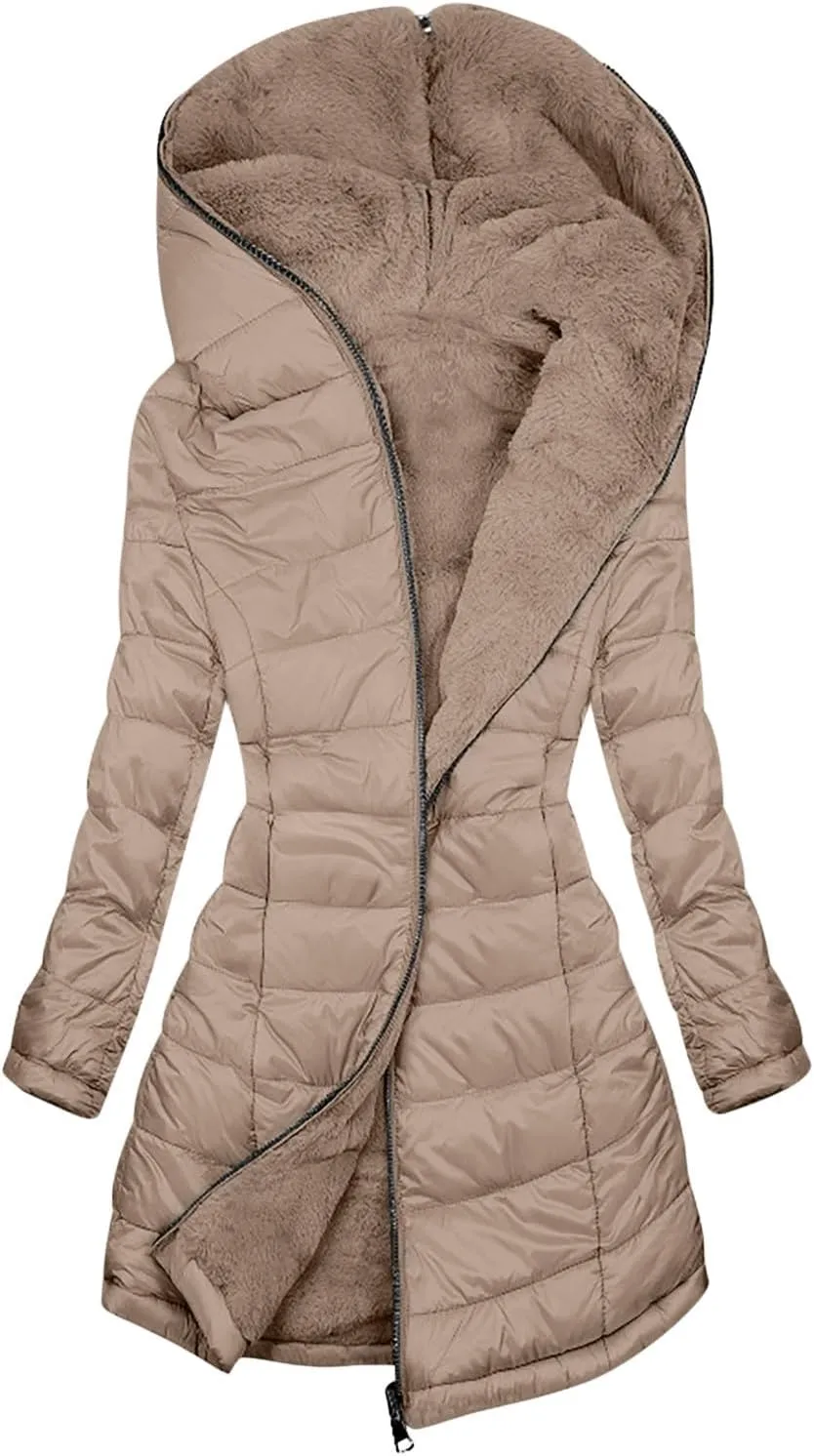 Womens Down Jacket With Hood Fashion Mid Length Zipper Long Sleeve Quilted Coat Winter Warm Solid Color Puffer Jacket