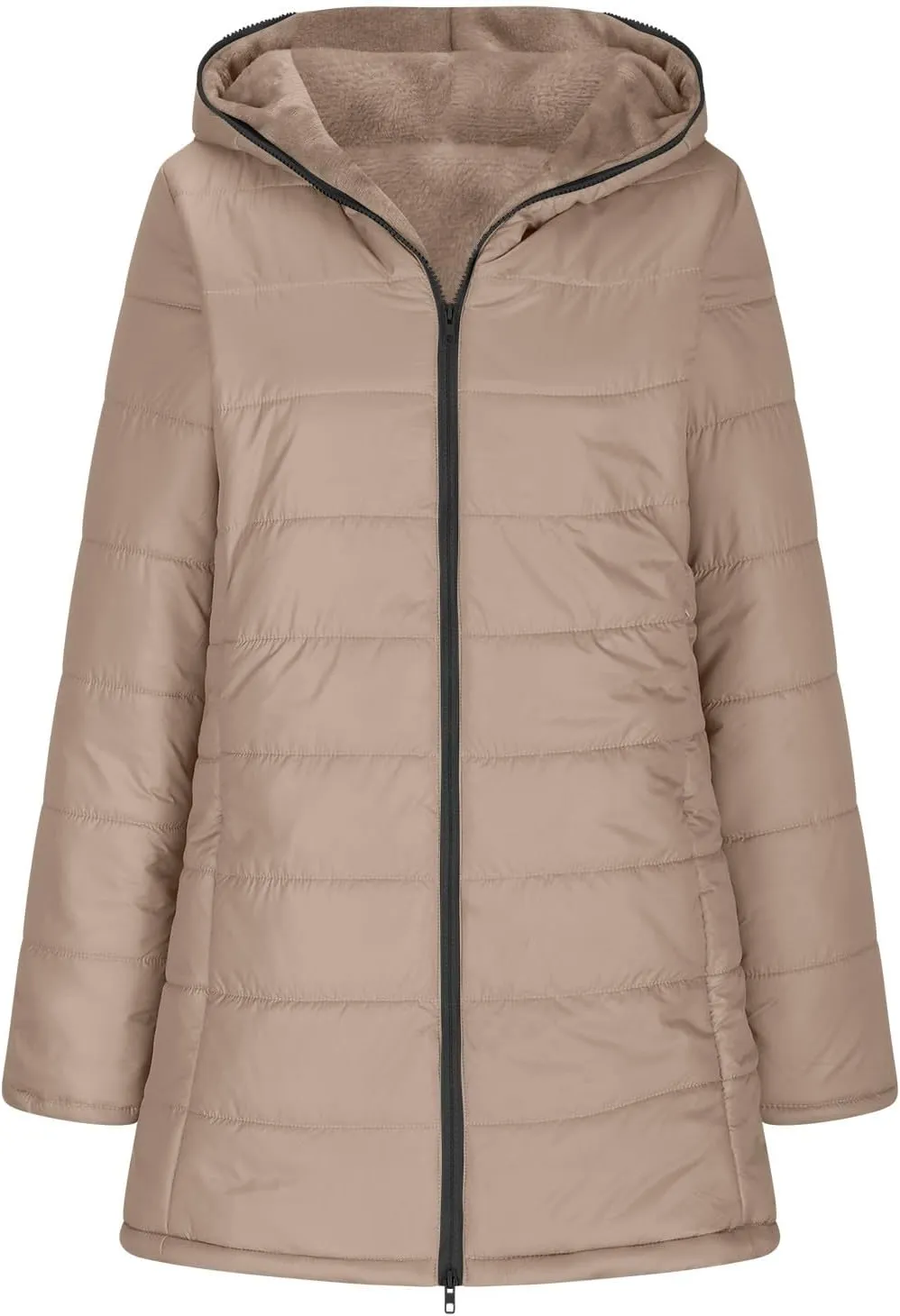Womens Down Jacket With Hood Fashion Mid Length Zipper Long Sleeve Quilted Coat Winter Warm Solid Color Puffer Jacket
