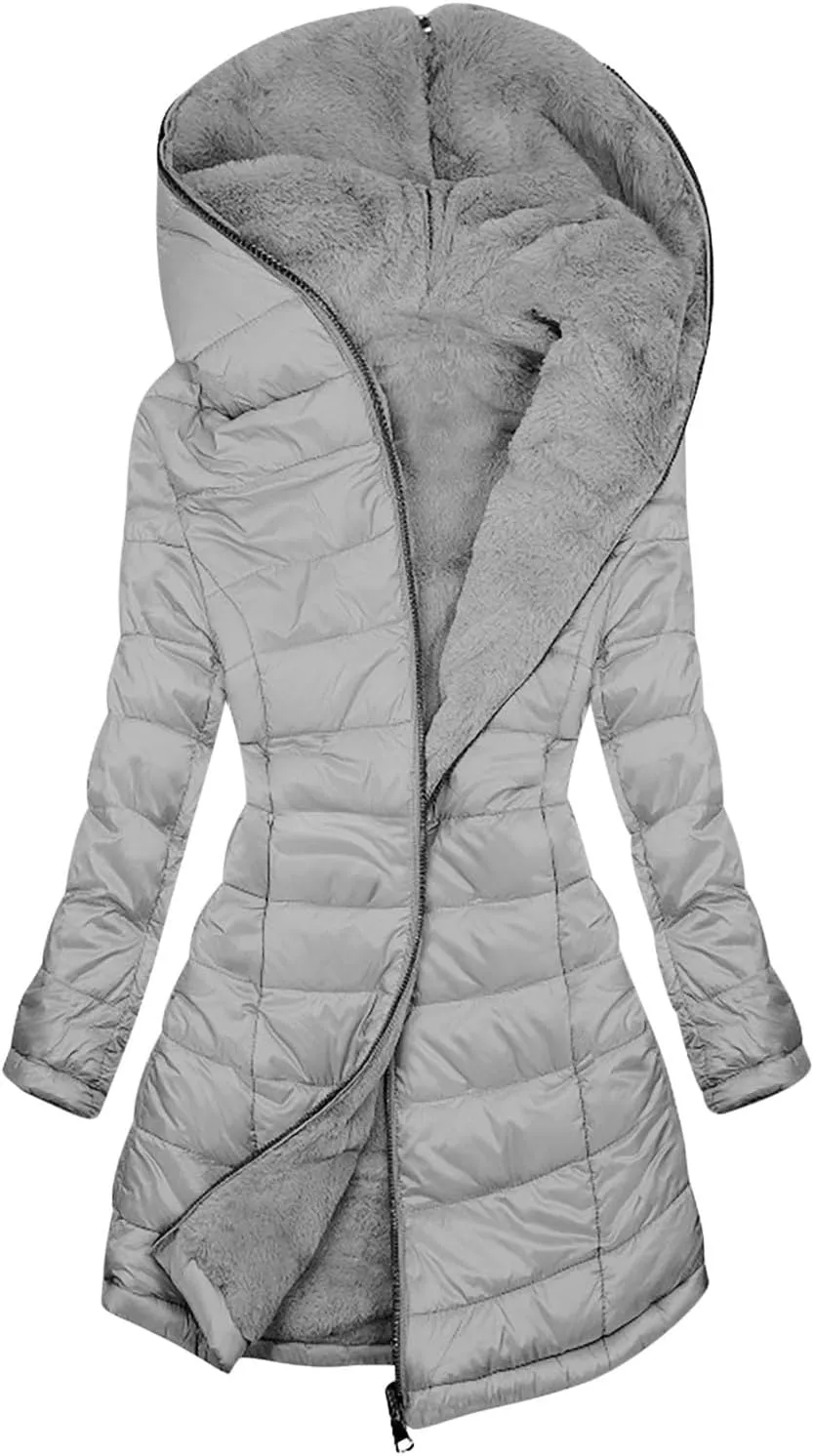 Womens Down Jacket With Hood Fashion Mid Length Zipper Long Sleeve Quilted Coat Winter Warm Solid Color Puffer Jacket