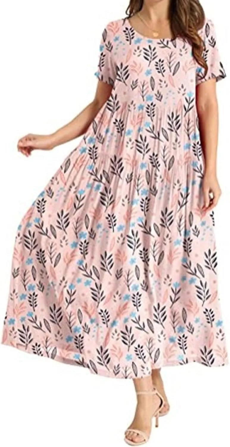 Women's Floral Maxi Dresses Boho Short Sleeve Crewneck Summer Casual Long Dress Flowy Beach Vacation Travel Dresses