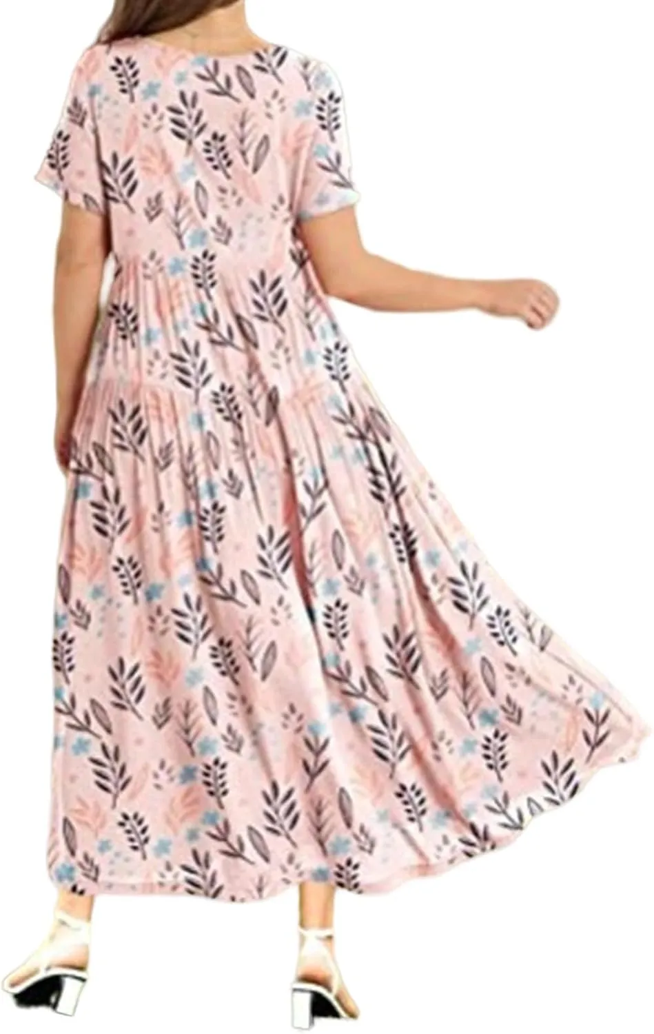 Women's Floral Maxi Dresses Boho Short Sleeve Crewneck Summer Casual Long Dress Flowy Beach Vacation Travel Dresses