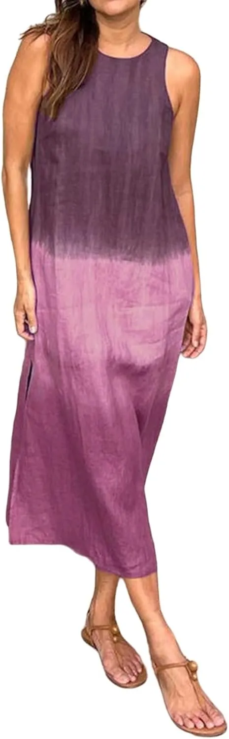 Women's Linen Sleeveless Crew Neck Tank Slit Maxi Dress Casual Gradient Lounge Beach Vacation Trendy Fashion Dresses