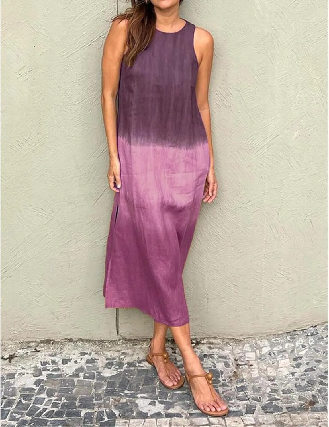 Women's Linen Sleeveless Crew Neck Tank Slit Maxi Dress Casual Gradient Lounge Beach Vacation Trendy Fashion Dresses