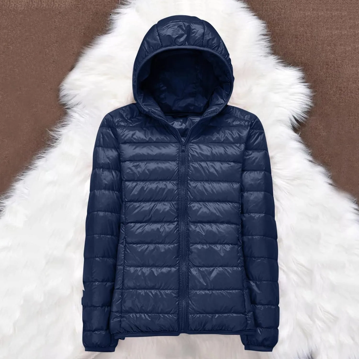 Womens Puffer Jacket Lightweight Packable Hooded Down Coat Casual Solid Zip Up Long Sleeve Jacket Warm Winter Coats