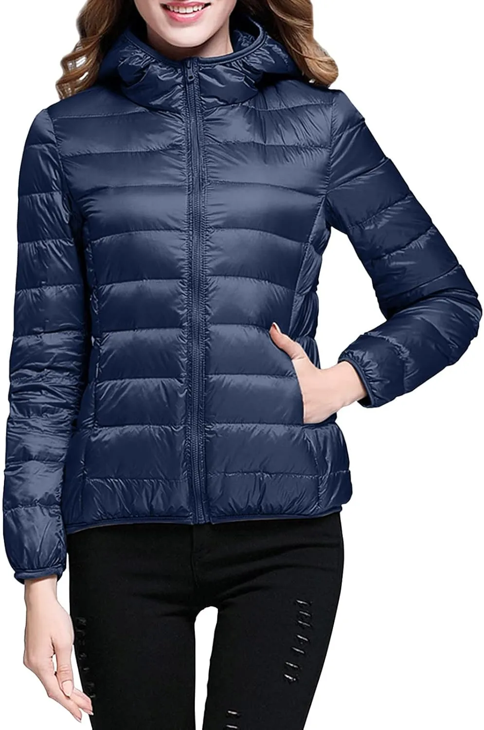 Womens Puffer Jacket Lightweight Packable Hooded Down Coat Casual Solid Zip Up Long Sleeve Jacket Warm Winter Coats