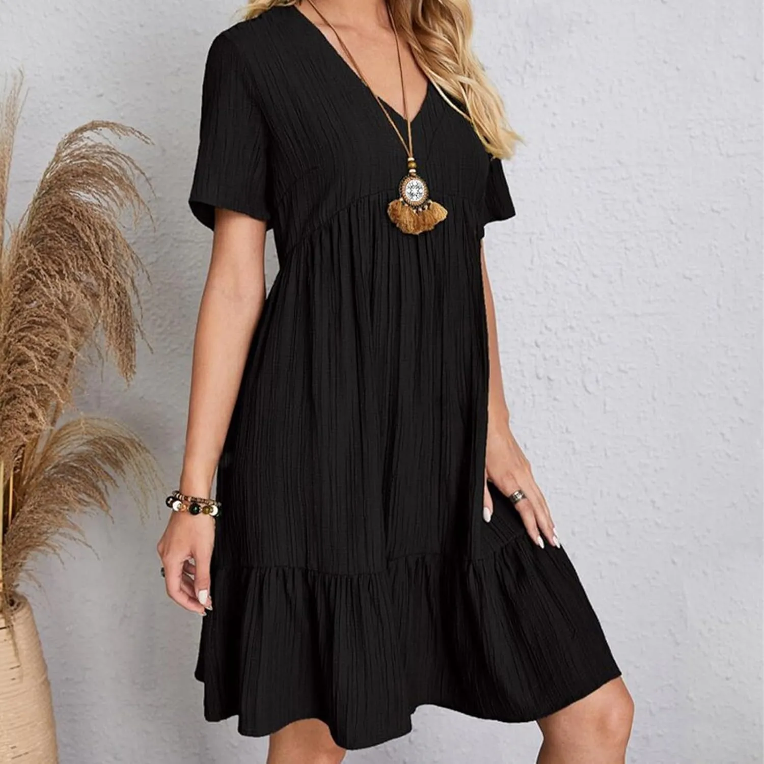 Womens Summer Dress V Neck Short Sleeve Ruffle Hem Tiered Flowy Swing Midi Dresses 2025 Beach Vacation Sundress Outfits