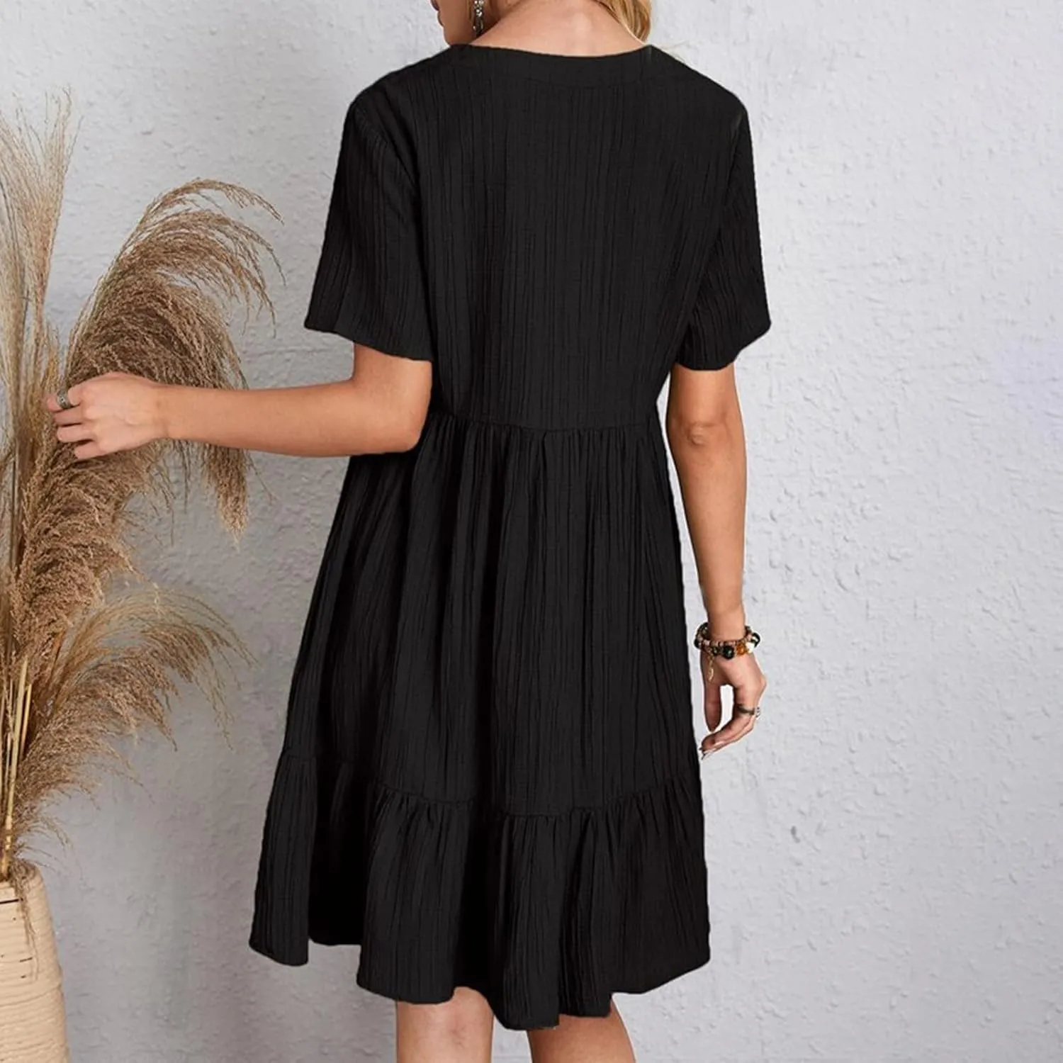 Womens Summer Dress V Neck Short Sleeve Ruffle Hem Tiered Flowy Swing Midi Dresses 2025 Beach Vacation Sundress Outfits