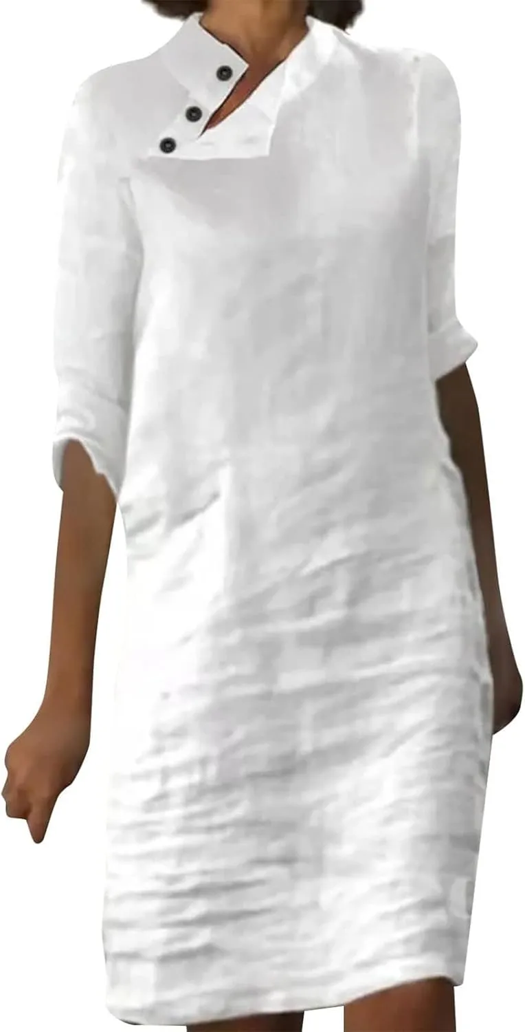 Women's Summer Midi Shirt Dresses Casual Linen Button Down 1/2 Sleeve Dress Solid Color Knee Length Lightweight Dress