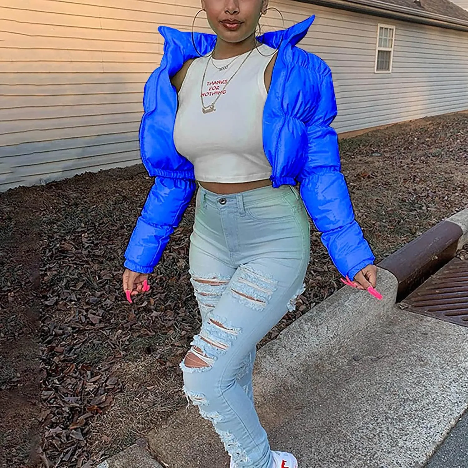 Women's Winter Long Sleeve Puffer Jacket Stand Collar Baggy Short Down Cropped Coats with Pockets Bubble Outerwear