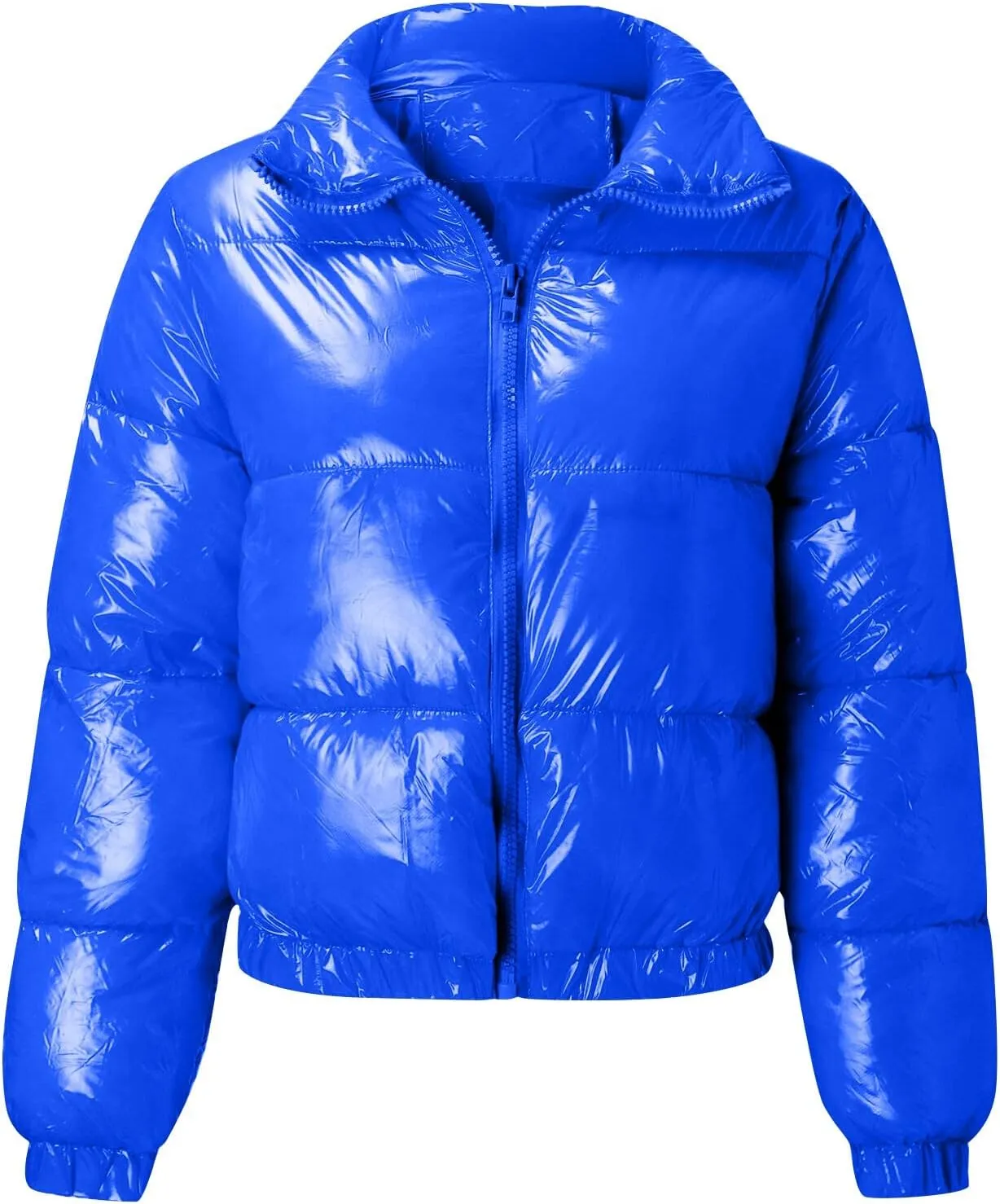 Women's Winter Long Sleeve Puffer Jacket Stand Collar Baggy Short Down Cropped Coats with Pockets Bubble Outerwear