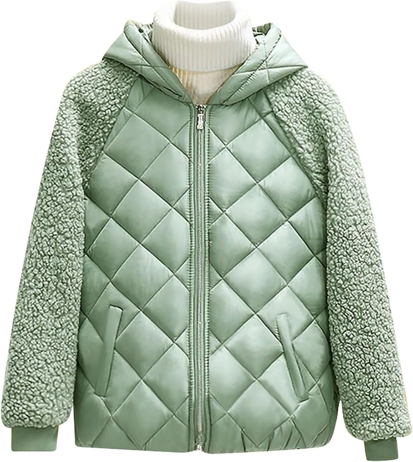 XUNRYAN Winter Jackets for Women Trendy Sherpa Fleece Down Coat Casual Zip Up Puffer Jackets Warm Faux-Fur Coat Anorak Parka